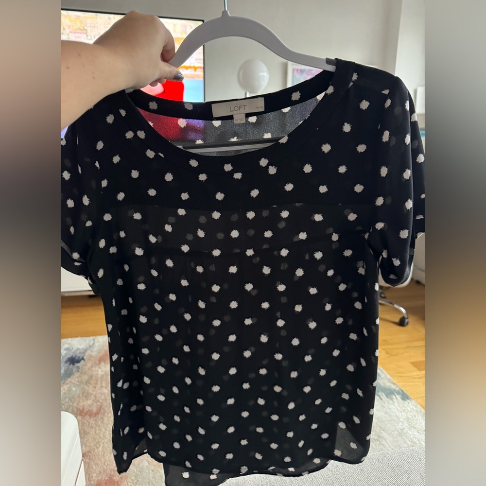 Loft black short sleeve with white polka dots. Good as a work blouse. Size small